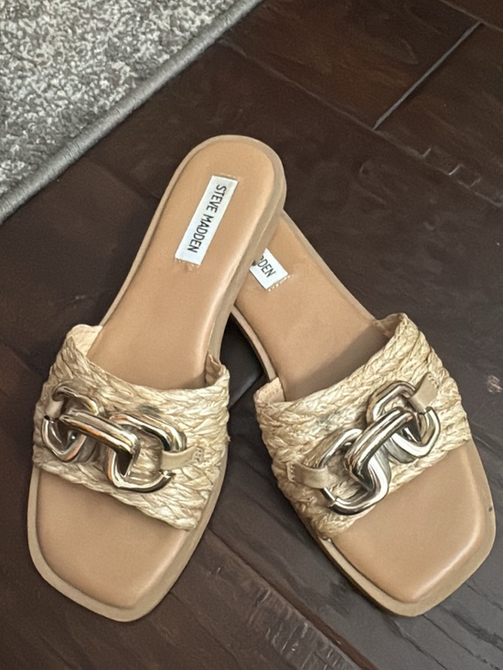 Steve Madden Shoes - Steve Madden Natural Braided Slide Sandals with Gold Chain Accent